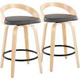 Grotto 26" Swivel Counter Stool in Natural Wood & Grey Leatherette with Black Footrest (Set of 2)
